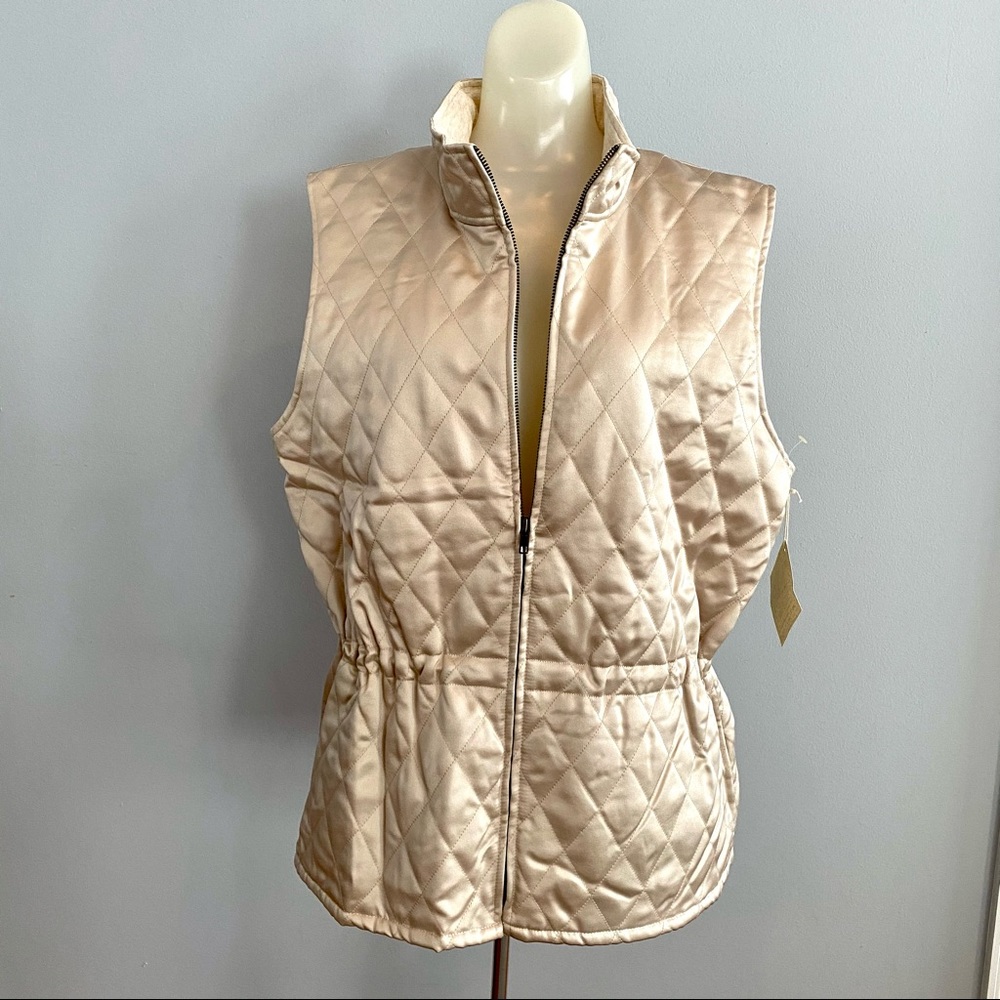 Susan Bristol NWT quilted vest shimmer gold fabric drawstring waist size M
